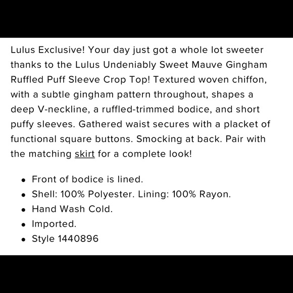 Lulu’s Undeniably Sweet Mauve Gingham Ruffled Puff Sleeve Crop Top - Picture 6 of 8